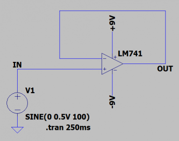 Op amp buffer circuit powered with a dual-supply design (+9V and -9V).