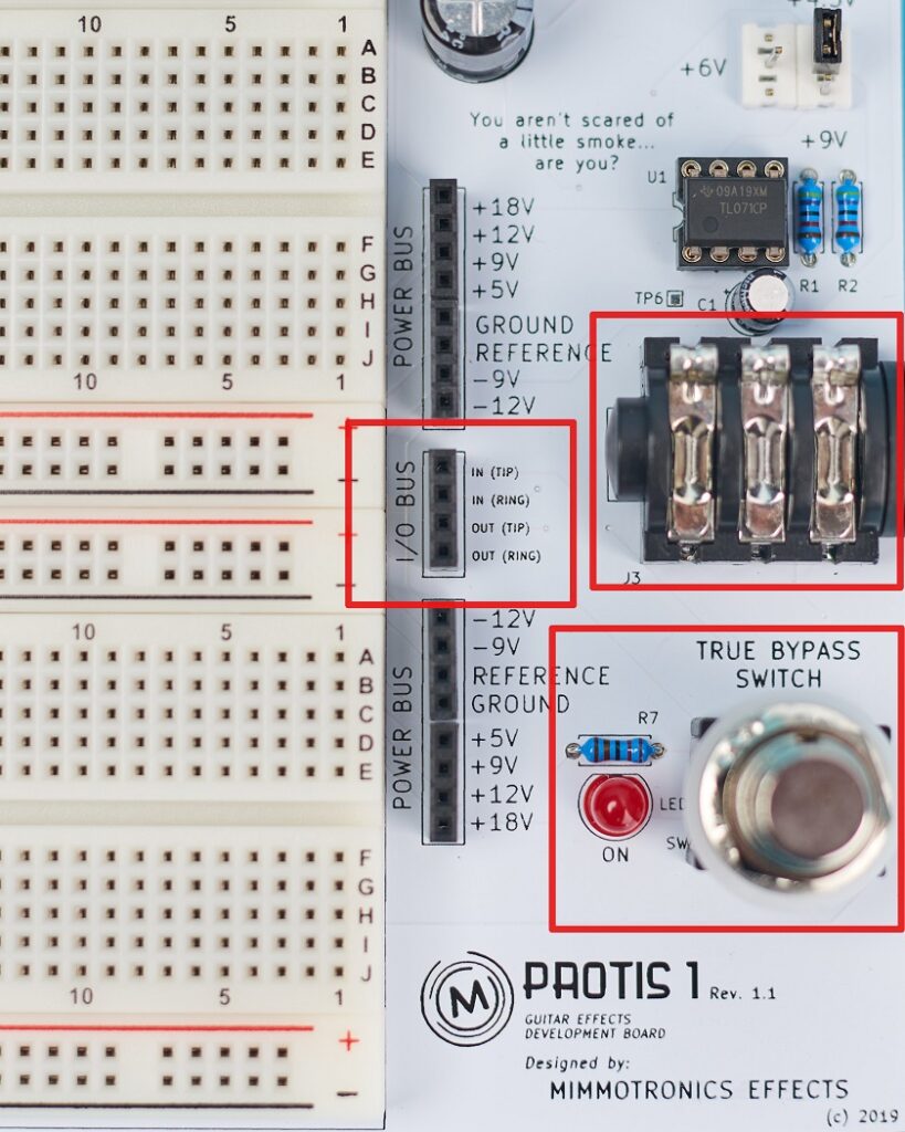 Input and output signals are located in headers to the left and right of the prototyping board space. The 3PDT footswitch allows you to switch between true bypass and the FX signal on the breadboard.