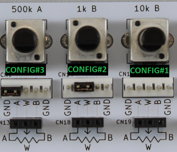 The three potentiometer configurations on the PROTIS 1 board.