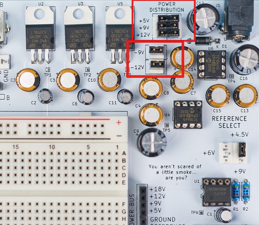 The power can be be enabled using jumper shunts at the top right of the prototyping board.