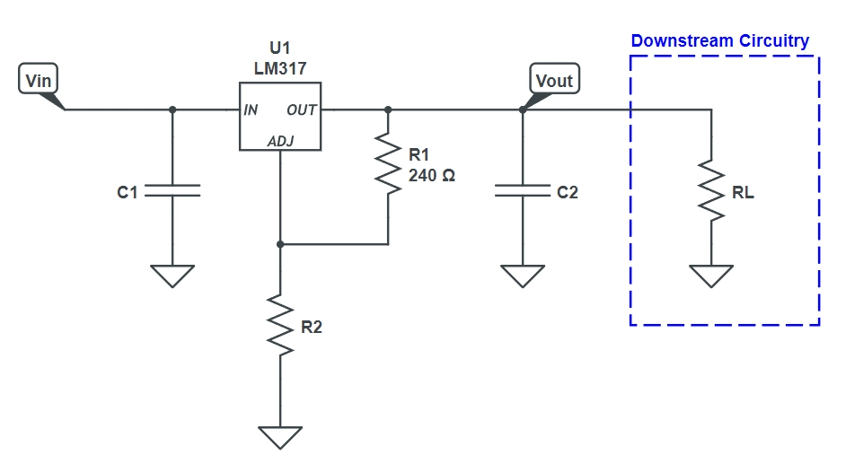 Figure 11.5 An adjustable-voltage linear regulator using a simple resistor R2 for the voltage adjustment.