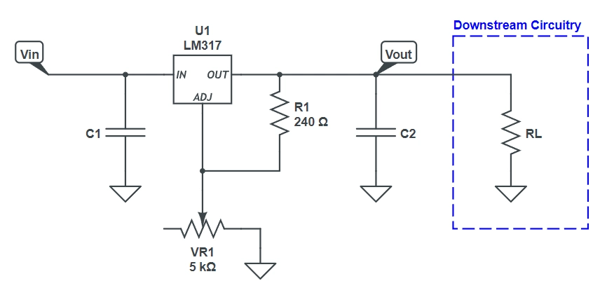 Figure 11.6 An adjustable-voltage linear regulator using a trimpot for the voltage adjustment.