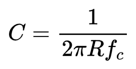 Equation for calculating the capacitance of an RC filter from the cut-off frequency.