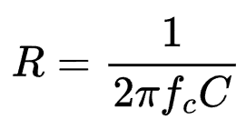 Equation for calculating the resistance of an RC filter from the cut-off frequency.