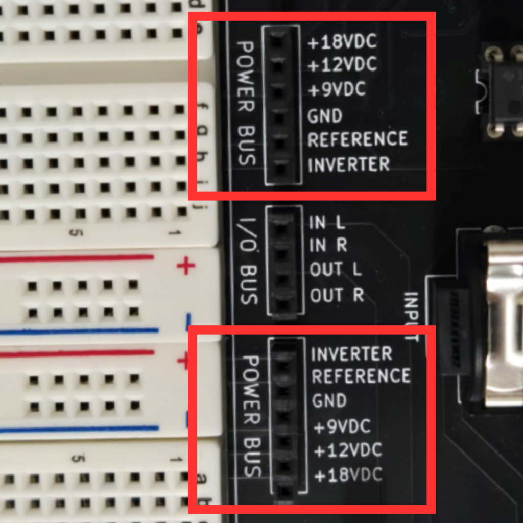 Showing the two POWER BUS headers on the PROTIS 1 V2 board.